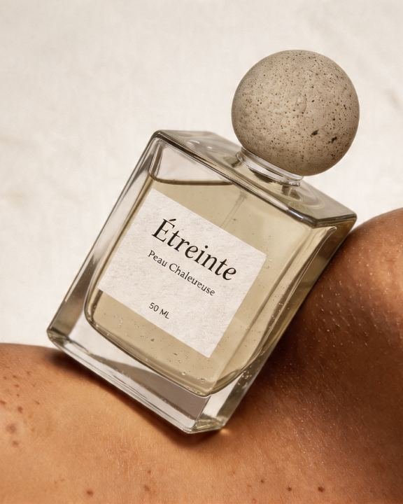 Flacon de parfum Étreinte au bouchon en pierre, posé sur une épaule