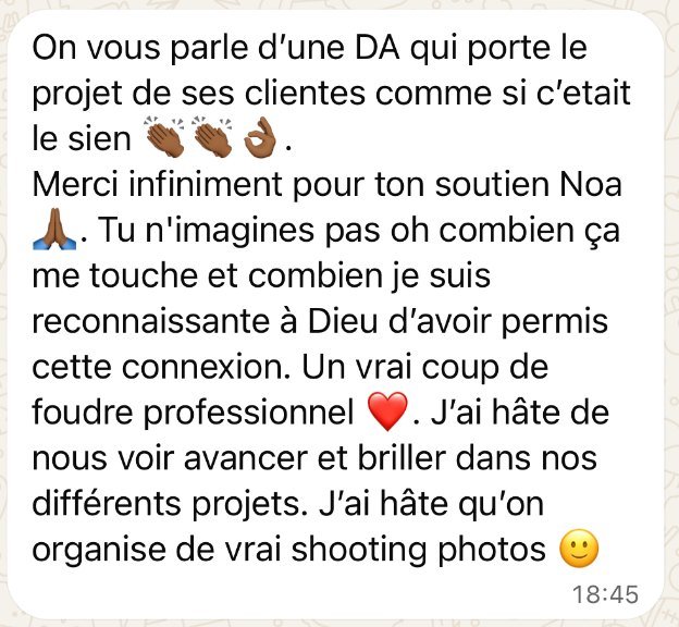 Message de la fondatrice de SLIMGLOSS qui parle d'une DA qui porte le projet de ses clientes comme si c'était le sien, et d'un vrai coup de foudre professionnel